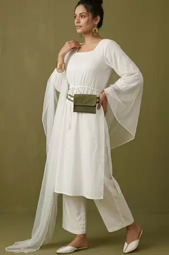 White rayon kurta set with dupatta