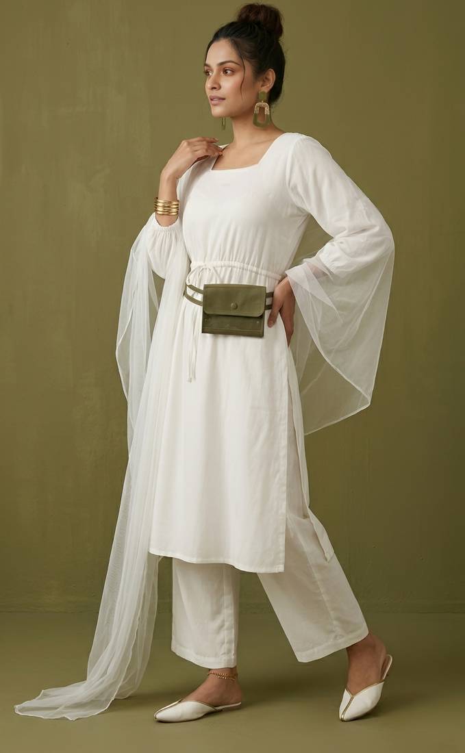 White rayon kurta set with dupatta