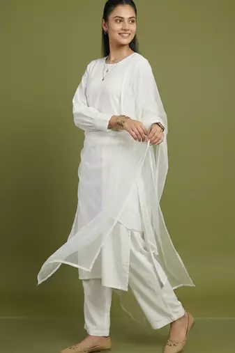 White rayon kurta set with dupatta