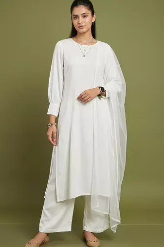 White rayon kurta set with dupatta