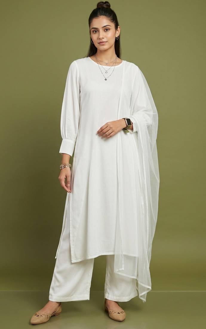 White rayon kurta set with dupatta