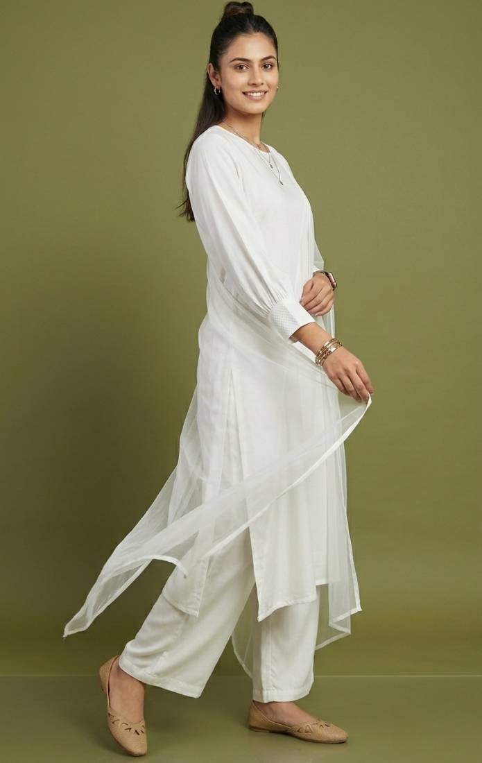 White rayon kurta set with dupatta
