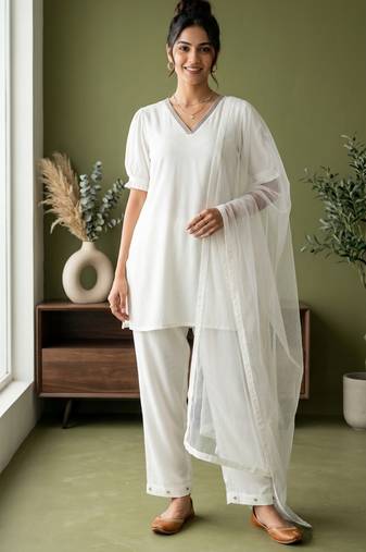 White rayon kurta set with dupatta