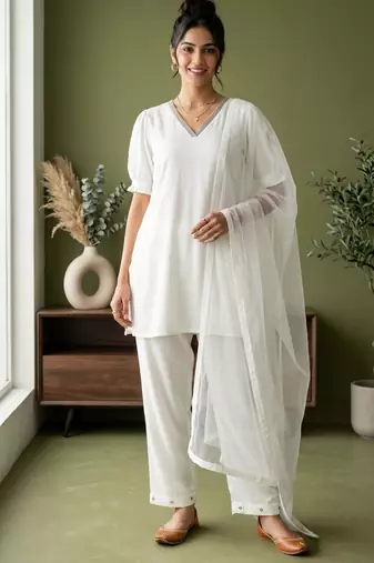 White rayon kurta set with dupatta