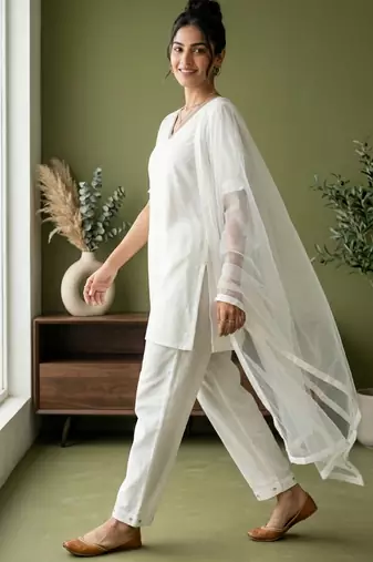 White rayon kurta set with dupatta
