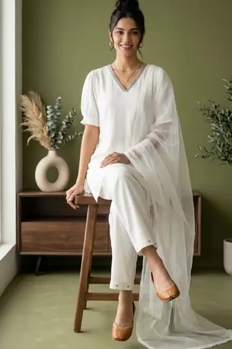 White rayon kurta set with dupatta