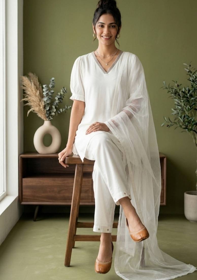 White rayon kurta set with dupatta