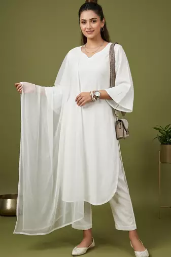 White rayon kurta set with dupatta