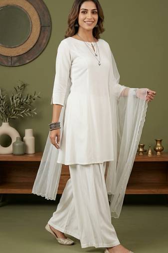 White rayon kurta set with dupatta