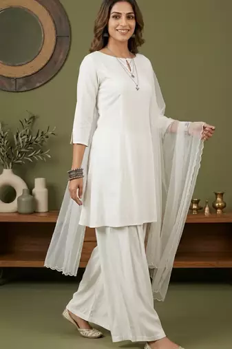 White rayon kurta set with dupatta