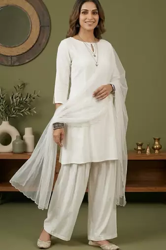 White rayon kurta set with dupatta