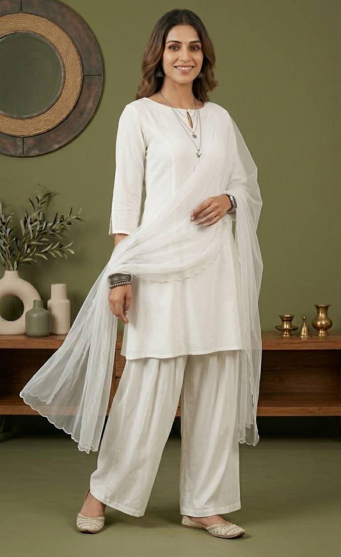 White rayon kurta set with dupatta