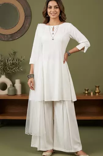 White rayon kurta set with dupatta