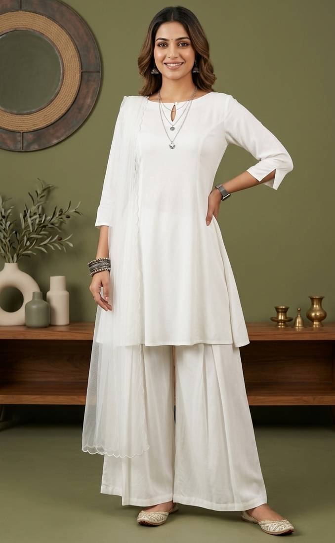 White rayon kurta set with dupatta