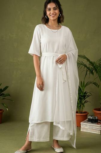 White rayon kurta set with dupatta