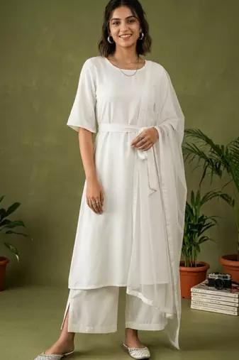 White rayon kurta set with dupatta