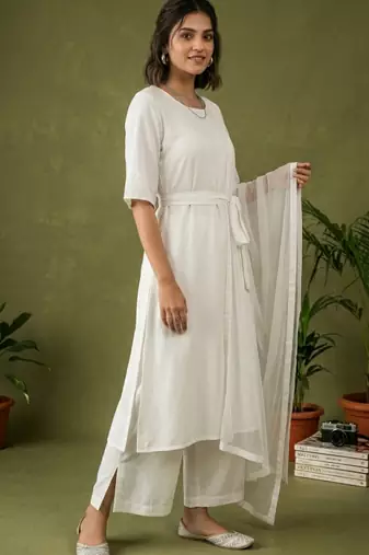 White rayon kurta set with dupatta