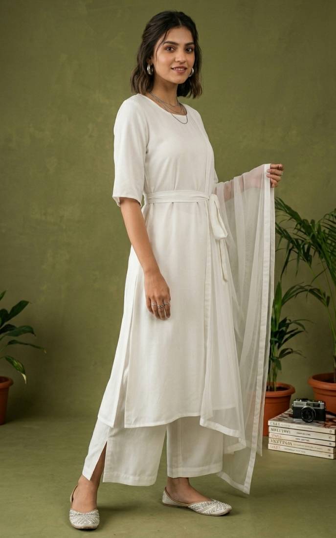 White rayon kurta set with dupatta