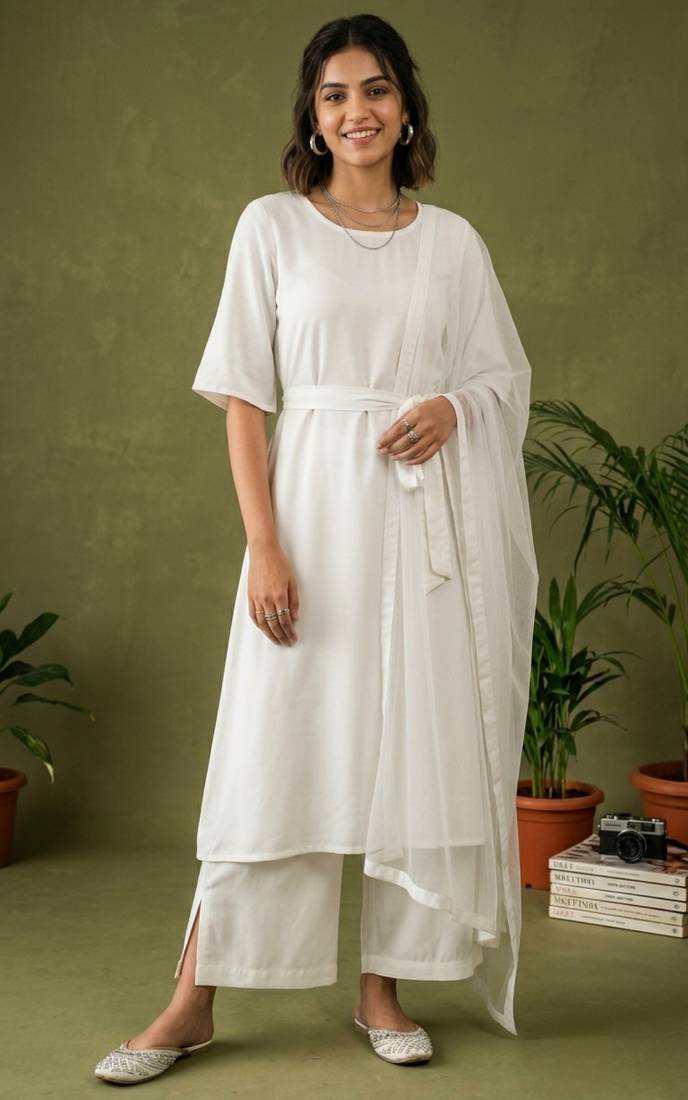 White rayon kurta set with dupatta