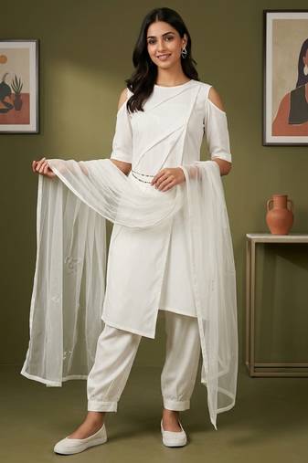 White rayon kurta set with dupatta