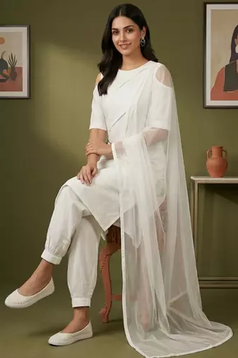 White rayon kurta set with dupatta