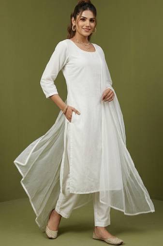 White rayon kurta set with dupatta