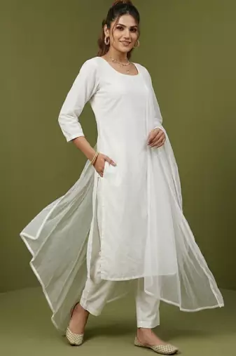 White rayon kurta set with dupatta