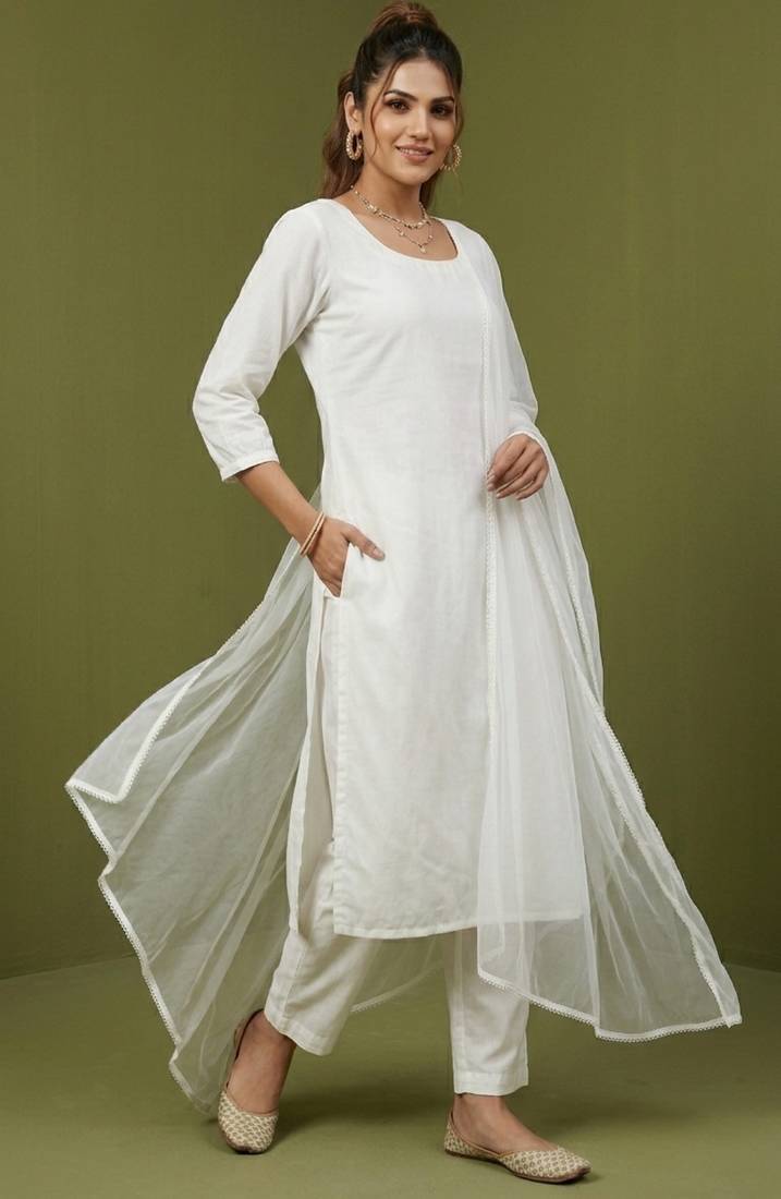 White rayon kurta set with dupatta