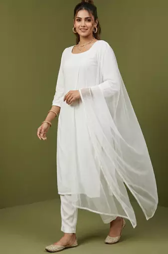 White rayon kurta set with dupatta