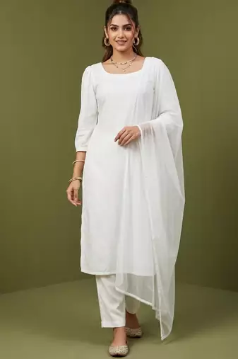 White rayon kurta set with dupatta