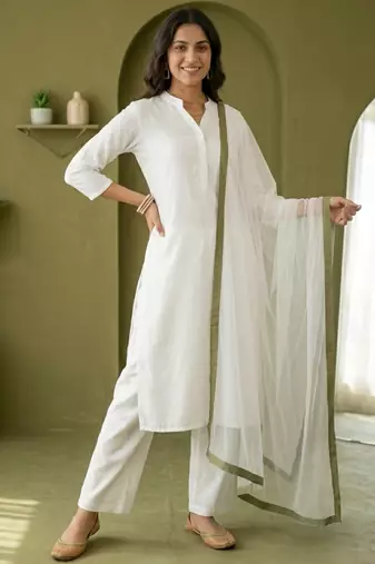 White rayon kurta set with dupatta