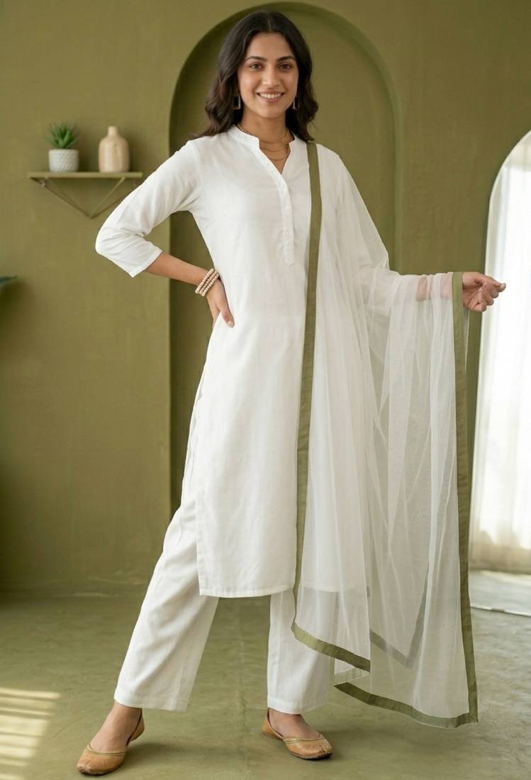 White rayon kurta set with dupatta