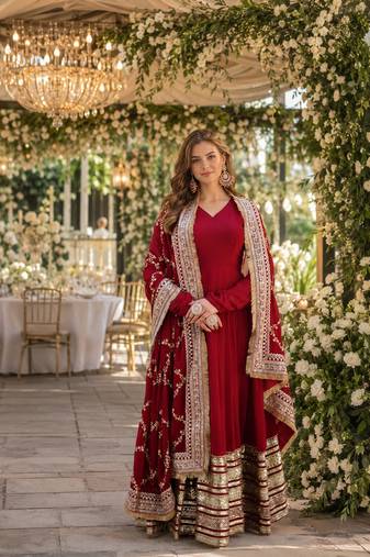 Maroon georgette anarkali suit with embroidery & zari work