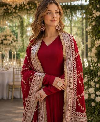 Maroon georgette anarkali suit with embroidery & zari work 2