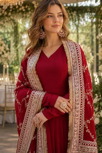 Maroon georgette anarkali suit with embroidery & zari work