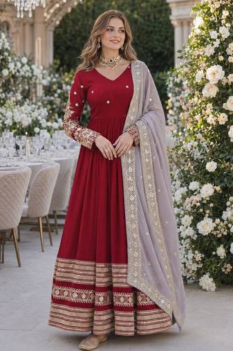 Maroon georgette anarkali suit with embroidery & zari work
