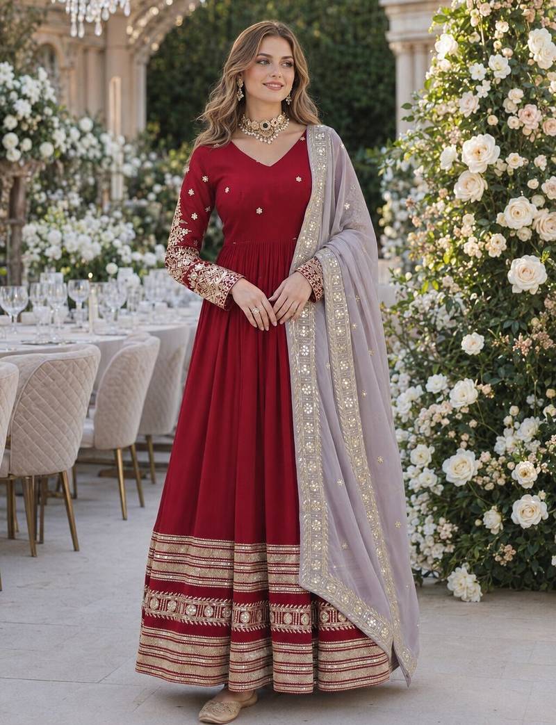 Maroon georgette anarkali suit with embroidery & zari work