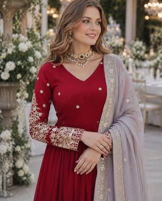 Maroon georgette anarkali suit with embroidery & zari work 2
