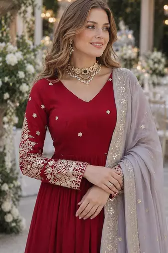 Maroon georgette anarkali suit with embroidery & zari work
