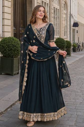 Navy georgette anarkali suit with embroidery & zari work