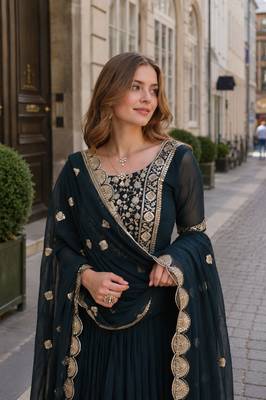 Navy georgette anarkali suit with embroidery & zari work 2