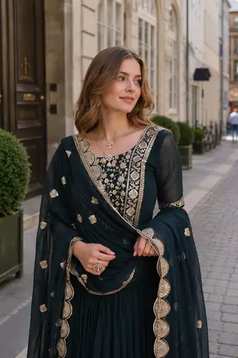 Navy georgette anarkali suit with embroidery & zari work
