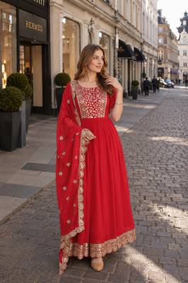 Red georgette anarkali suit with embroidery & zari work 1