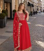 Red georgette anarkali suit with embroidery & zari work