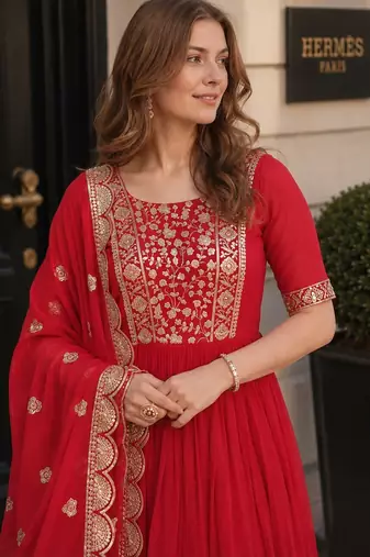Red georgette anarkali suit with embroidery & zari work