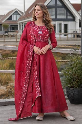 Red silk anarkali suit with embroidery & beats work