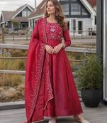 Red silk anarkali suit with embroidery & beats work