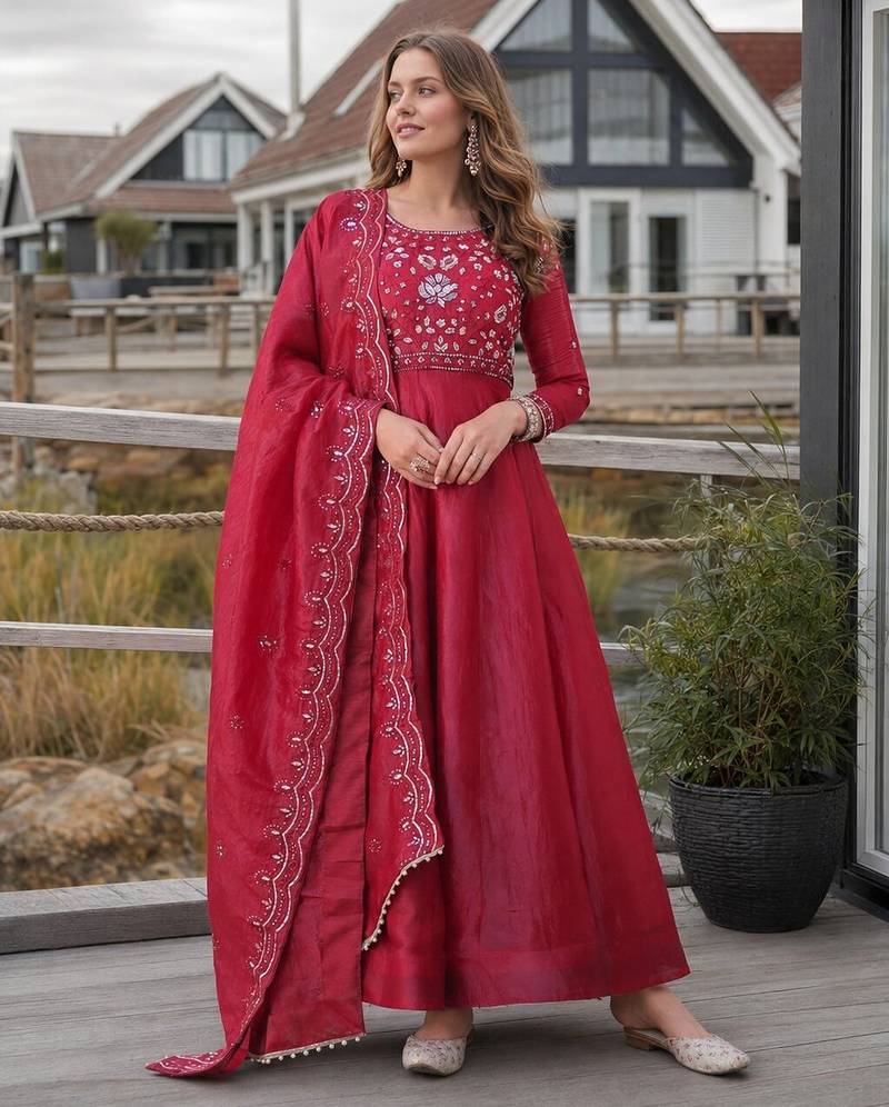 Red silk anarkali suit with embroidery & beats work