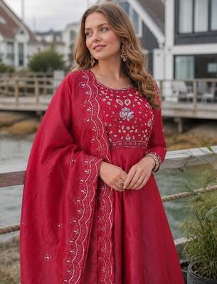 Red silk anarkali suit with embroidery & beats work 2