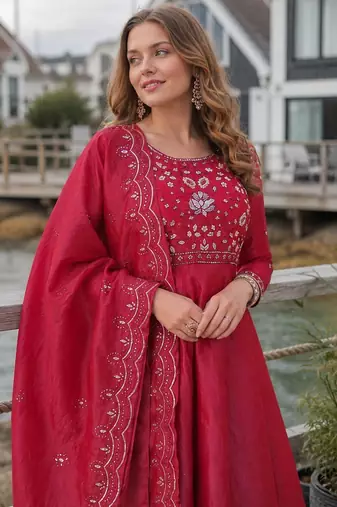 Red silk anarkali suit with embroidery & beats work